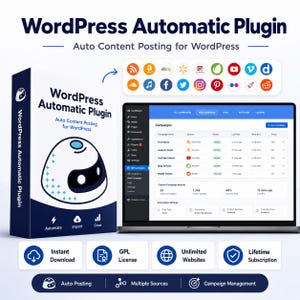 May include: An advertisement for a WordPress Automatic Plugin, showing a laptop with the plugin's interface, a software box, and social media icons. The text reads "WordPress Automatic Plugin" and "Auto Content Posting for WordPress."
