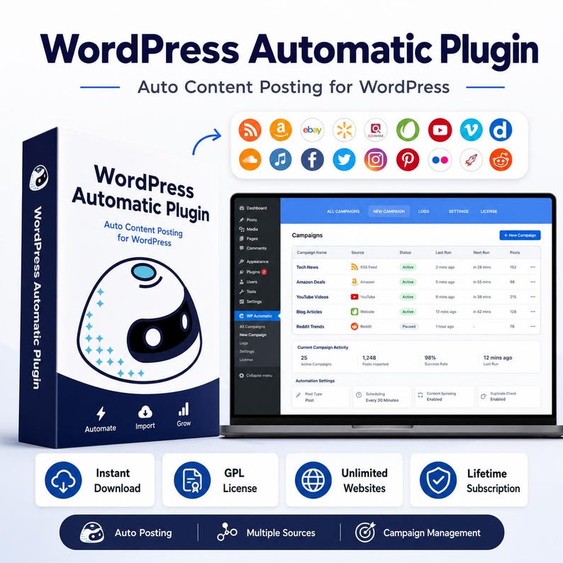 May include: An advertisement for a WordPress Automatic Plugin, showing a laptop with the plugin's interface, a software box, and social media icons. The text reads "WordPress Automatic Plugin" and "Auto Content Posting for WordPress."