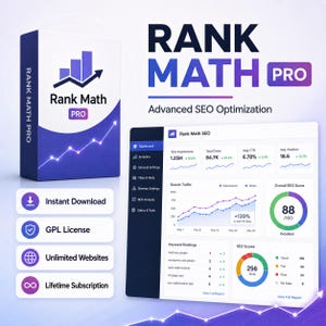 Puede incluir: Imagen promocional de Rank Math Pro, una herramienta avanzada de optimización SEO. La imagen presenta una caja de producto, un panel de control que muestra análisis y el texto "Advanced SEO Optimization". Las características clave incluyen descarga instantánea, licencia GPL, sitios web ilimitados y suscripción de por vida.