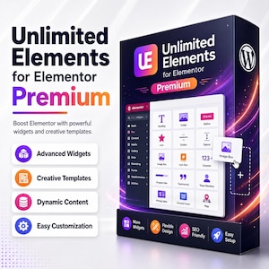 Könnte beinhalten: Eine Produktbox für die Software Unlimited Elements for Elementor Premium. Die Box zeigt einen dunkelvioletten Hintergrund mit leuchtenden Lichtstreifen, ein WordPress-Logo und eine Anzeige verschiedener Website-Widgets wie Überschriften und Buttons.