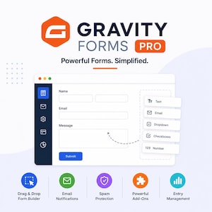 May include: A digital graphic advertising Gravity Forms Pro. The image shows a form design interface with fields for name, email, and message. Icons for features like drag & drop, email notifications, and spam protection are also displayed.