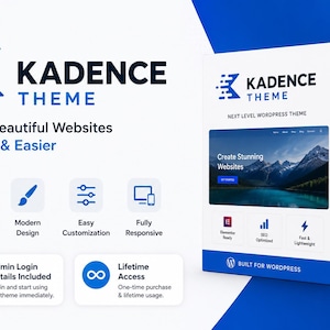 May include: A blue and white box with the text "KADENCE THEME" and "Build Beautiful Websites Faster & Easier." The box also features icons and the text "Next Level WordPress Theme."