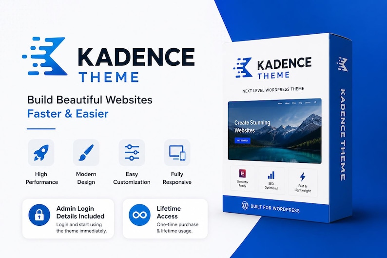 May include: A blue and white box with the text "KADENCE THEME" and "Build Beautiful Websites Faster & Easier." The box also features icons and the text "Next Level WordPress Theme."