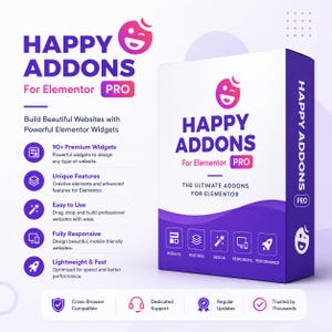May include: A product box for Happy Addons for Elementor Pro, featuring a purple and white design. The box displays the product name and key features, including widgets, unique features, and ease of use. The text includes "Build Beautiful Websites" and "The Ultimate Addons".