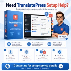 May include: Promotional image for TranslatePress, a WordPress translation plugin. The image features a blue box with the plugin's name and logo, a laptop displaying the plugin's interface, and a person wearing a headset. Text includes "Need TranslatePress Setup Help?" and "Contact us for setup service details."