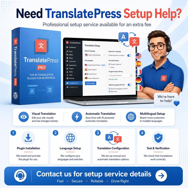 May include: Promotional image for TranslatePress, a WordPress translation plugin. The image features a blue box with the plugin's name and logo, a laptop displaying the plugin's interface, and a person wearing a headset. Text includes "Need TranslatePress Setup Help?" and "Contact us for setup service details."