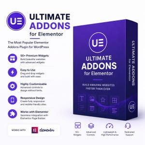 Puede incluir: Una caja púrpura con el texto "ULTIMATE ADDONS for Elementor" y el logotipo "UE". La caja anuncia características como más de 50 widgets premium, fácil uso y diseño responsivo. También se ve el texto "BUILD AMAZING WEBSITES FASTER THAN EVER".