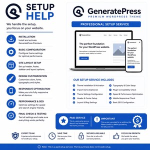 May include: A promotional graphic for a WordPress theme setup service. The image features the GeneratePress logo, a laptop and smartphone displaying a website, and a list of setup services including installation, configuration, and SEO optimization. Text includes "Professional Setup Service."