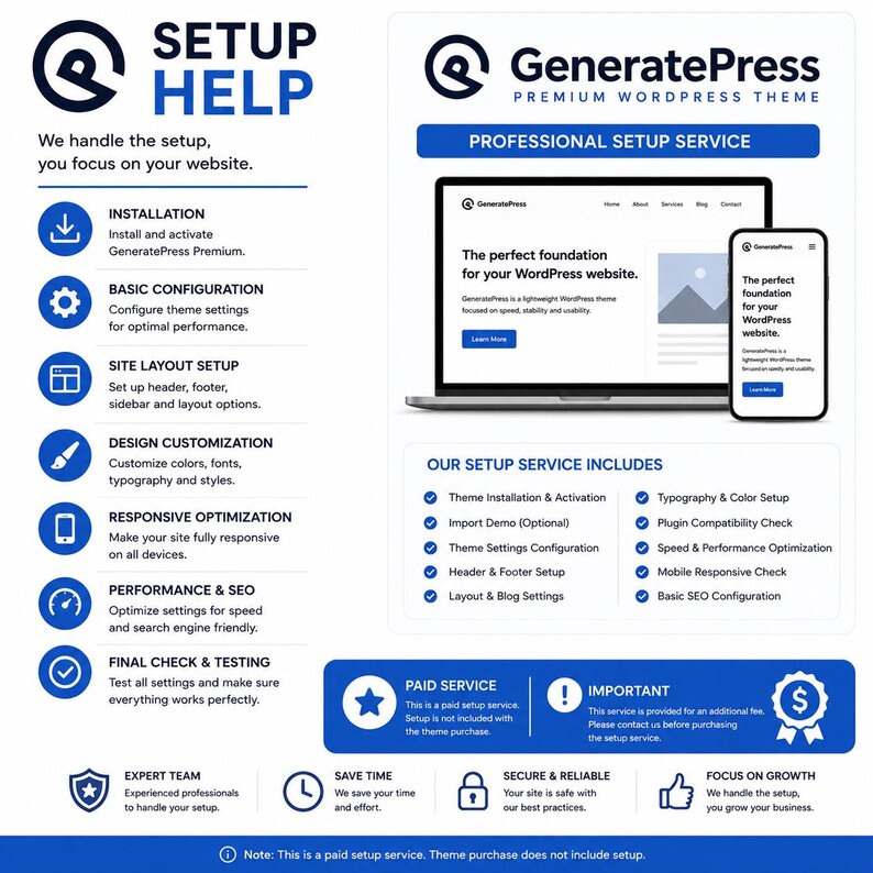 May include: A promotional graphic for a WordPress theme setup service. The image features the GeneratePress logo, a laptop and smartphone displaying a website, and a list of setup services including installation, configuration, and SEO optimization. Text includes "Professional Setup Service."
