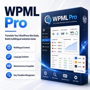 Może przedstawiać: Ciemnoniebieskie pudełko z oprogramowaniem WPML Pro, przedstawiające cyfrowy interfejs pulpitu nawigacyjnego ze statystykami tłumaczeń, parami językowymi i wykresami postępu. Pudełko zawiera tekst WPML Pro, The Complete Multilingual Solution for WordPress oraz wymienia funkcje takie jak Multilingual Content, Language Switcher, WooCommerce Compatible i Easy Translation Management.