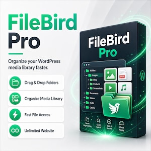 Könnte beinhalten: Eine schwarze Software-Box für FileBird Pro mit grünen Akzenten und einem Vogellogo. Der Text lautet FileBird Pro, Organize your WordPress media library faster, Drag & Drop Folders, Organize Media Library, Fast File Access, Unlimited Website.