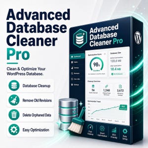 Könnte beinhalten: Eine digitale Produktbox für die Software Advanced Database Cleaner Pro. Die Box zeigt eine Dashboard-Oberfläche mit einem Optimierungswert von 98 %, Metriken zur Datenbankgröße und Bereinigungsstatistiken. Ein 3D-Datenbanksymbol mit Pinsel.