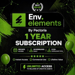 May include: A graphic with the text "Env. elements" and "1 YEAR SUBSCRIPTION." The image includes icons for access, downloads, and commercial use, with a "Best Seller" badge. Green and black color scheme.