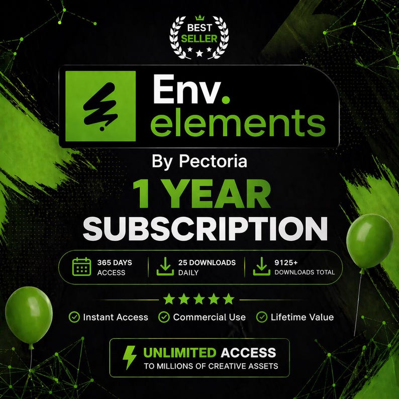 May include: A graphic with the text "Env. elements" and "1 YEAR SUBSCRIPTION." The image includes icons for access, downloads, and commercial use, with a "Best Seller" badge. Green and black color scheme.