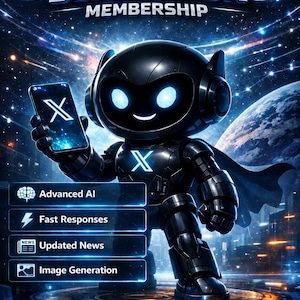 Puede incluir: Un personaje robótico negro con ojos azules brillantes y un logo X en el pecho sostiene un teléfono inteligente con un logo X. El texto dice 1 Year SUPER GROK MEMBERSHIP, Advanced AI, Fast Responses, Updated News, Image Generation y 1 Year Super Grok Premium Membership.