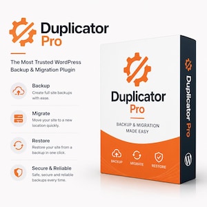 May include: A product box for Duplicator Pro, a WordPress backup and migration plugin. The box is white with orange and dark blue accents. Text includes "Backup & Migration Made Easy" and icons for backup, migrate, and restore functions.
