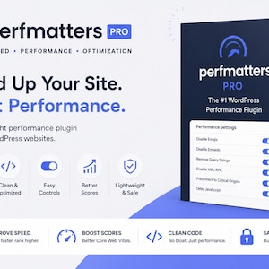 Może przedstawiać: Obraz promocyjny dla Perfmatters Pro, wtyczki wydajności WordPress. Obraz przedstawia ciemnoniebieskie pudełko z logo wtyczki i listą ustawień wydajności. Tekst podkreśla funkcje, takie jak szybsze strony internetowe.