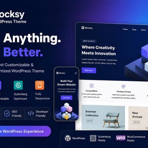 Może przedstawiać: Cyfrowa grafika marketingowa dla motywu WordPress Blocksy z interfejsem na komputer i telefon. Tekst zawiera Build Anything. Build Better. The Fastest, Most Customizable & Gutenberg Optimized WordPress Theme.