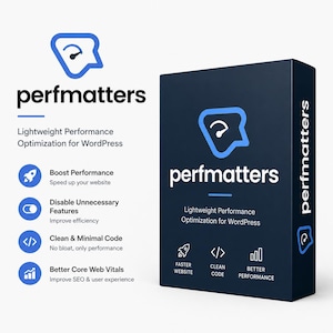 May include: A dark blue box with the text "perfmatters" in white and a blue speech bubble logo. The box advertises lightweight performance optimization for WordPress, with icons and text highlighting features like faster website speed and clean code.
