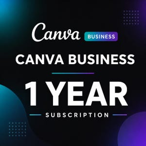 May include: A digital graphic featuring the white text Canva BUSINESS, with the word BUSINESS inside a blue and purple gradient rectangle. Below this, the text reads CANVA BUSINESS 1 YEAR SUBSCRIPTION in large white letters on a black background.