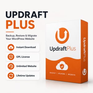 May include: A white and orange box with the text "UPDRAFT PLUS" and "Backup, Restore & Migrate Your WordPress Website." The box features a logo and the words "Instant Download," "GPL License," "Unlimited Website," and "Lifetime Updates."