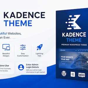 May include: A dark blue box with the text "KADENCE THEME" in white and blue. The box advertises a premium WordPress theme with features like performance optimization, beautiful designs, and easy customization. The text "Build Beautiful Websites, Faster Than Ever" is also visible.