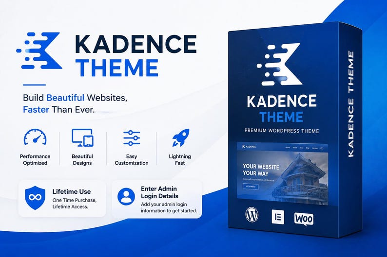 May include: A dark blue box with the text "KADENCE THEME" in white and blue. The box advertises a premium WordPress theme with features like performance optimization, beautiful designs, and easy customization. The text "Build Beautiful Websites, Faster Than Ever" is also visible.