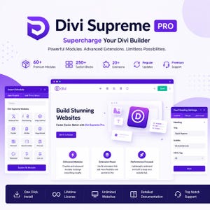 Puede incluir: Un gráfico promocional para Divi Supreme PRO, un creador de sitios web. El diseño presenta una combinación de colores púrpura y blanco con texto e iconos que resaltan características como módulos, bloques de sección y extensiones. La imagen también muestra elementos de diseño web.