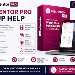 May include: An advertisement for Elementor Pro setup services. The image features a laptop displaying a website design interface, a magenta box with the Elementor Pro logo, and supporting text highlighting setup features and benefits.