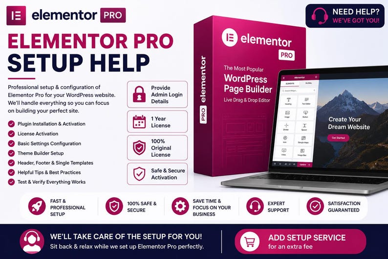 May include: An advertisement for Elementor Pro setup services. The image features a laptop displaying a website design interface, a magenta box with the Elementor Pro logo, and supporting text highlighting setup features and benefits.