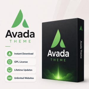 May include: A black box with the text "Avada Theme" and a green logo. The logo is a stylized "A" shape. Additional text includes "Instant Download", "GPL License", "Lifetime Updates", and "Unlimited Websites".