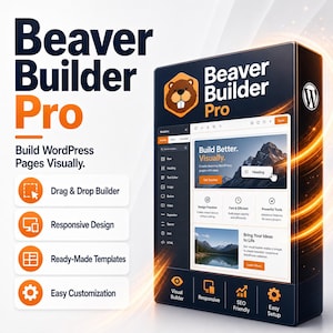 Könnte beinhalten: Eine schwarze Software-Box für Beaver Builder Pro mit einem braunen Biber-Logo und einem WordPress-Symbol. Die Box zeigt eine digitale Benutzeroberfläche mit Texten wie Build Better Visually, Drag & Drop Builder, Responsive Design und Easy Customization.