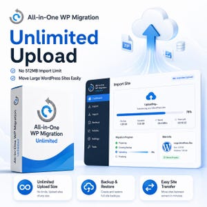 May include: A promotional image for "All-in-One WP Migration," a WordPress plugin. The image features a product box, a website interface showing upload progress, and icons for unlimited upload, backup & restore, and easy site transfer. The text emphasizes unlimited upload size.