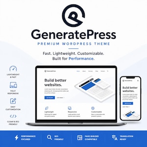 May include: A laptop and smartphone display a website interface with the text "Build better websites." The image features the "GeneratePress" logo and text, highlighting features like lightweight design, responsiveness, and SEO-friendliness. The theme is described as premium and customizable.