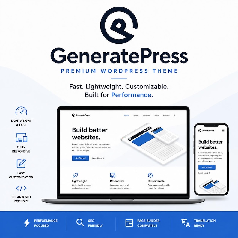 May include: A laptop and smartphone display a website interface with the text "Build better websites." The image features the "GeneratePress" logo and text, highlighting features like lightweight design, responsiveness, and SEO-friendliness. The theme is described as premium and customizable.