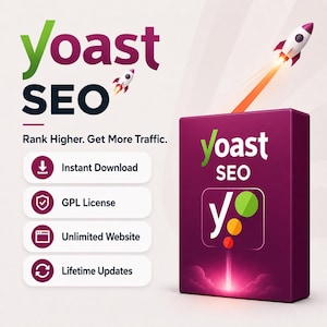 May include: A digital marketing graphic featuring the Yoast SEO logo and a rocket launching from a purple box. Text includes "Rank Higher. Get More Traffic." and features like instant download and lifetime updates.