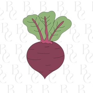 May include: A stylized illustration of a beet. The beet is a deep burgundy color with green leaves and pink stems. The image is a simple, clean design, perfect for kitchen decor or food-themed crafts.