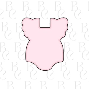 May include: A light pink onesie cookie cutter with a scalloped edge on the shoulders and a black outline. The onesie shape is a classic design for baby shower cookies or treats.