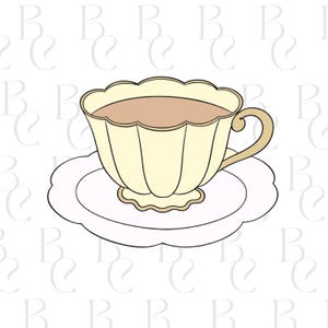 May include: A cream-colored teacup and saucer set, filled with a light brown liquid. The teacup has a scalloped rim and a gold handle. The saucer is white with a scalloped edge. The image is a line drawing.