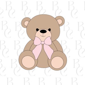 May include: A cartoon-style teddy bear illustration. The bear is light brown with a black nose and eyes. It has a pink bow tied around its neck and pink accents on its paws and ears. The background is white with a repeating pattern.