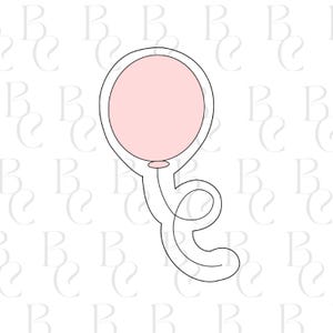 May include: A cookie cutter in the shape of a balloon. The balloon is filled with a light pink color and has a white outline. The balloon's string is a curved, swirled design.