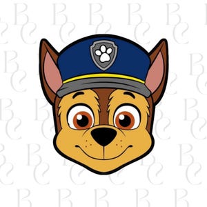 May include: A cartoon illustration of a brown and tan dog wearing a blue police hat with a paw print badge. The dog has large brown eyes and a smiling expression. The image is a digital graphic.