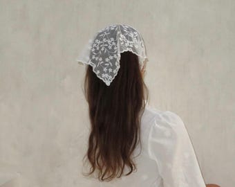 Otelia white floral lace head scarf cottagecore lace bandana with a touch of whimsy fairycore bridal veil
