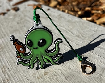 Llavero con diseño de pulpo espacial impreso en 3D, accesorio para bolso de jugador con pistola de rayos