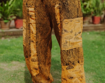 Mushroom Print Cotton Pants - Relaxed Fit Boho Trousers, Elastic Waist, Handmade in Nepal