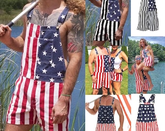 American Flag Overalls Shorts, Patriotic USA Print Romper, Unisex July 4th Apparel