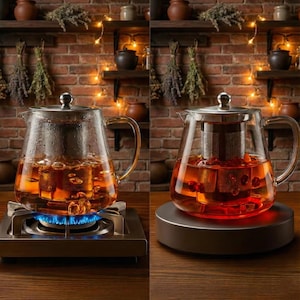 Peut inclure: Une théière en verre transparent avec un infuseur en acier inoxydable, remplie de thé et de fruits. La théière est posée sur une cuisinière à gaz et une base chauffante. L'arrière-plan présente un mur de briques, des étagères et des herbes séchées.