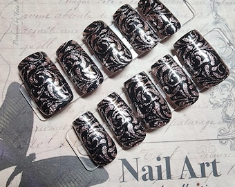 Rose Gold Glitter Swirl Press-On Nails | Black & Rose Gold Filigree False Nails | Gothic Victorian Glue On Nails | Elegant Luxury Fake Nails