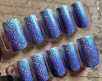 Purple Teal Iridescent Press On Nails | Hand Painted Filigree Swirl Glue On Nails | Goth Glam Dark Academia Nail Art | Luxury Fake Nails Set