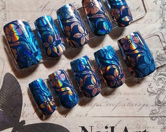 Blue Holographic Floral Press On Nails | Dark Blue Iridescent Flower False Nails  Chrome Foil Botanical Glue On Nails | Elegant Summer Nails